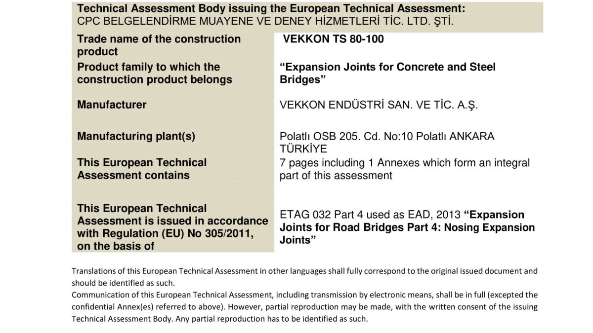 European Technical Assessment - Vekkon Endüstri A.Ş